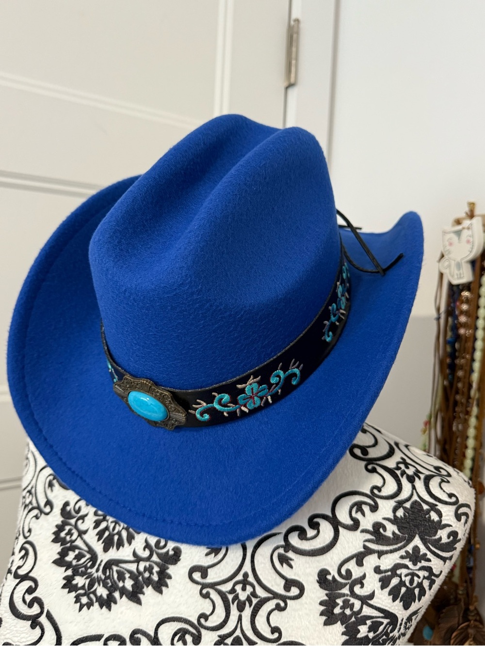 Blue Felt Western Hat with Turquoise Concho